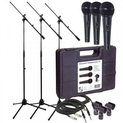 Pro Dynamic Vocal Kit 3 x Microphones Leads & Stands