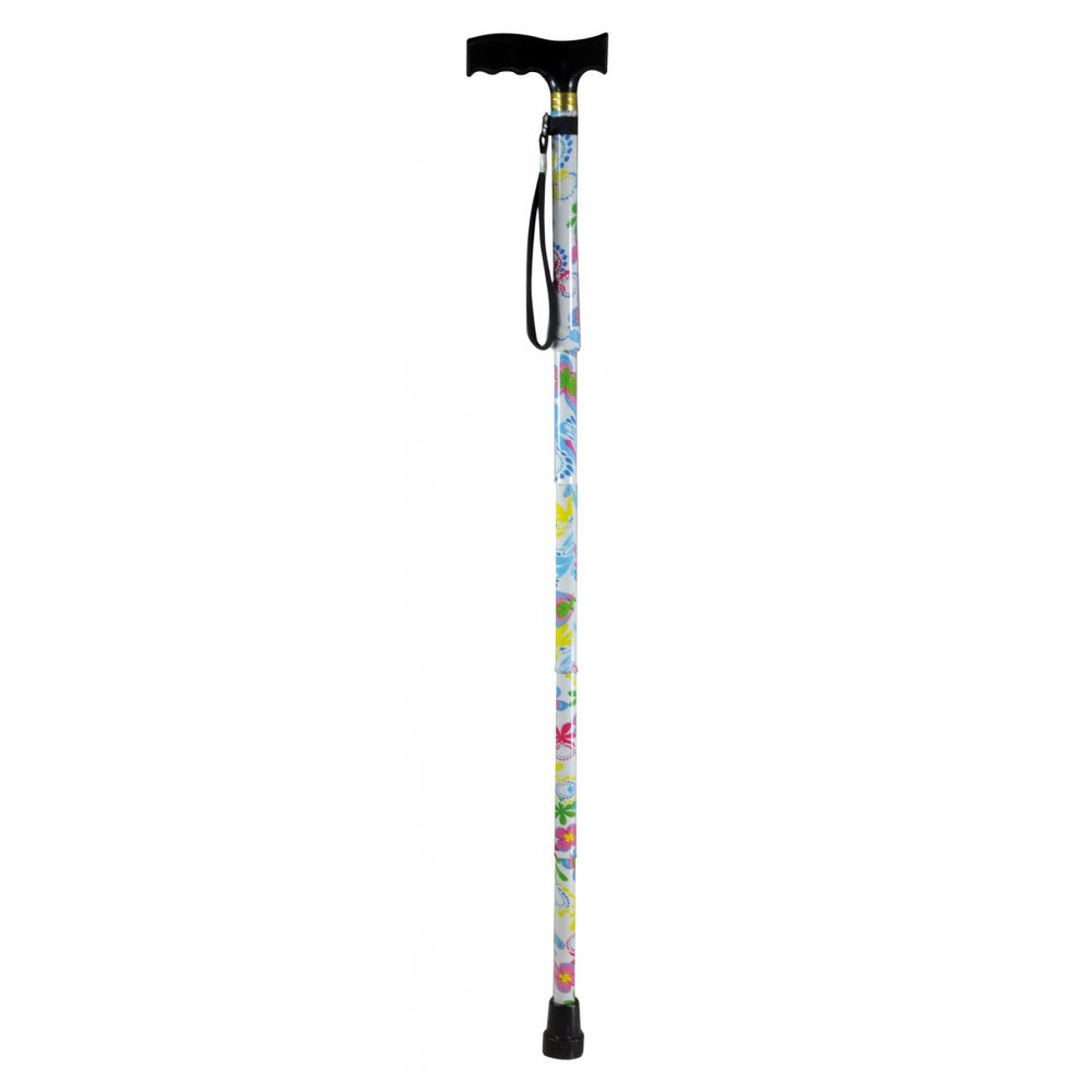 Extendable wooden handled walking stick with floral pattern