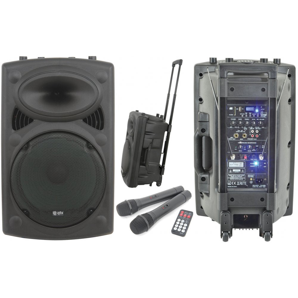 QR-Series Portable 15" PA Unit Twin VHF Radio Mics USB SD & Remote