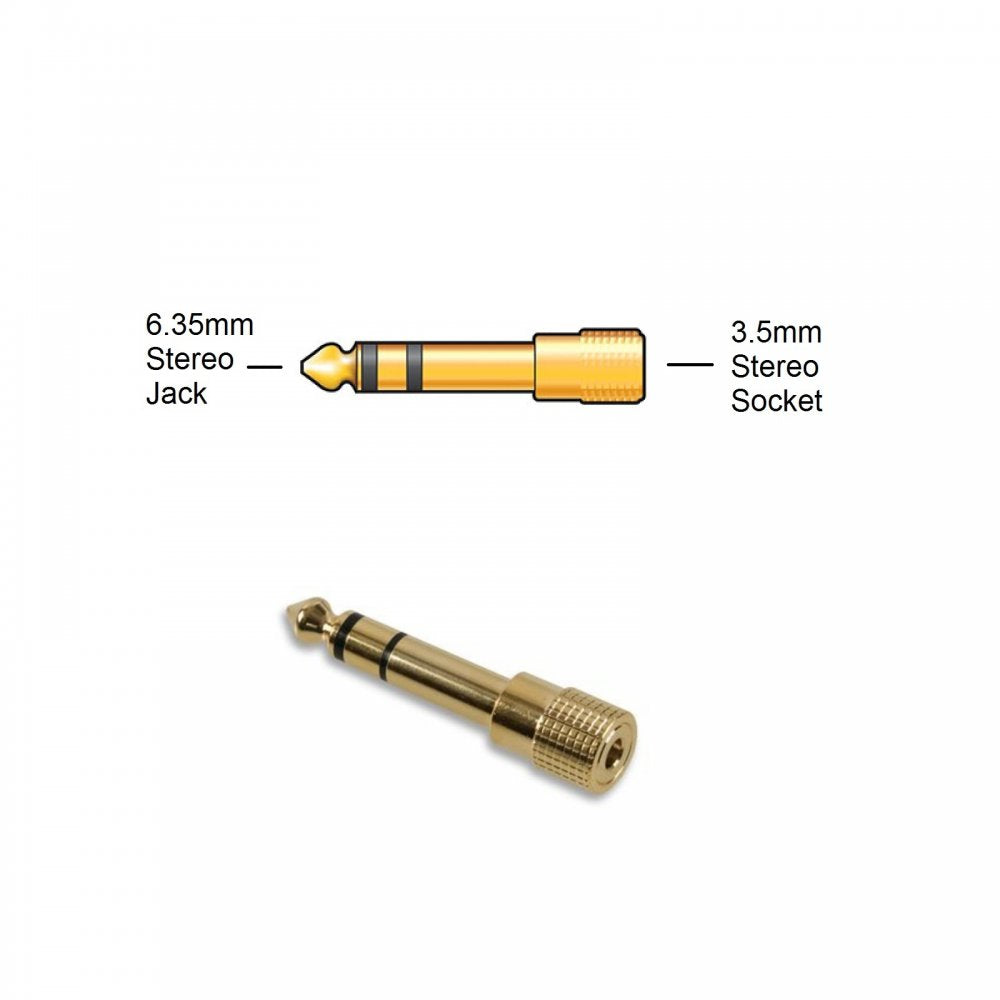 Gold 6.35mm Stereo Jack Plug to 3.5mm Stereo Jack Socket Adaptor