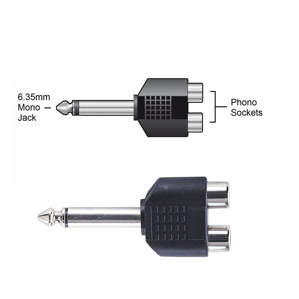 6.3mm Mono Jack to Twin Phono RCA Sockets Adaptor
