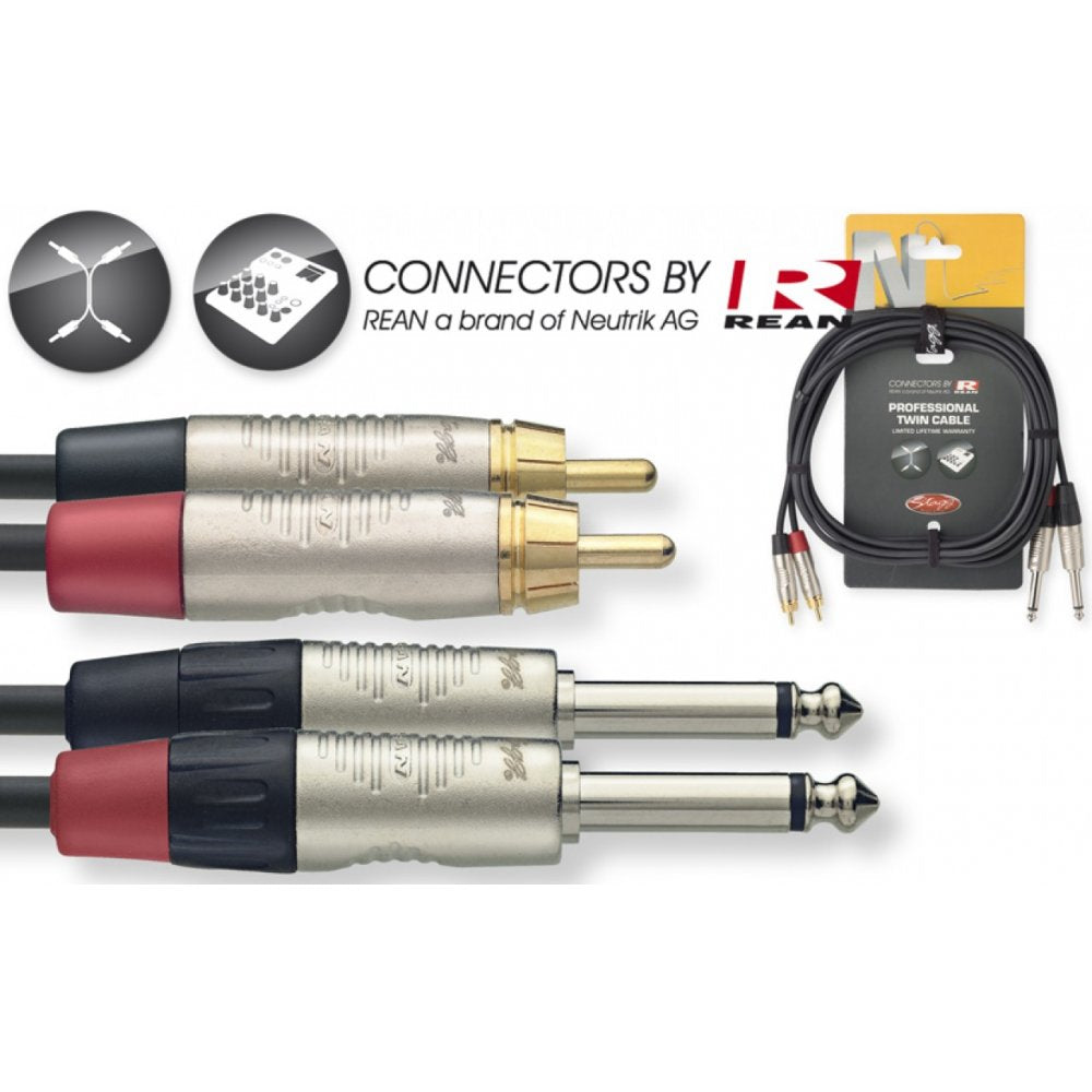 N-Series Neutrik Rean Twin Mono Jack to RCA Phono Lead 3M & 6M