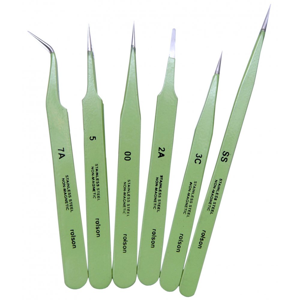 6 x Stainless Steel Epoxy Coated Tweezers