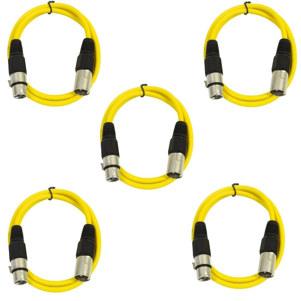 Pack of 5 Yellow 3 Pin XLR Line Female Socket to Male Plug Patch Lead 1M