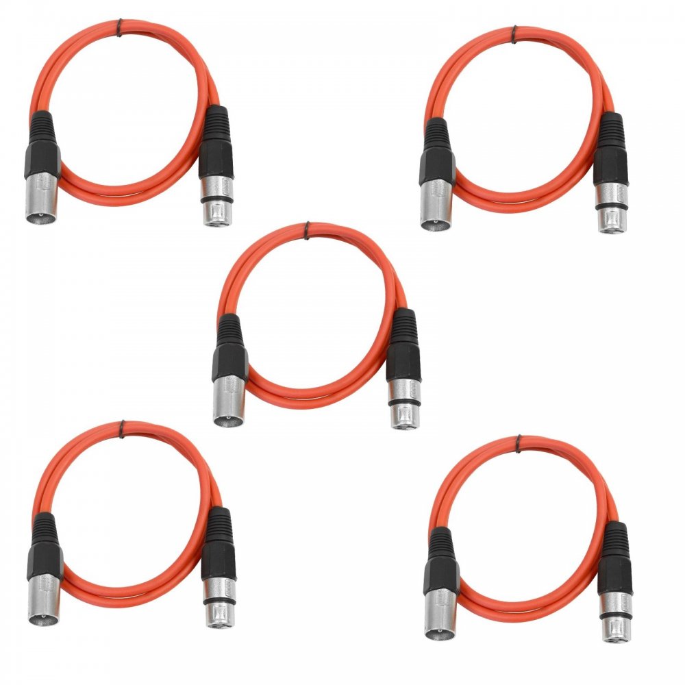 Pack of 5 Red 3 Pin XLR Line Female Socket to Male Plug Patch Lead 1M
