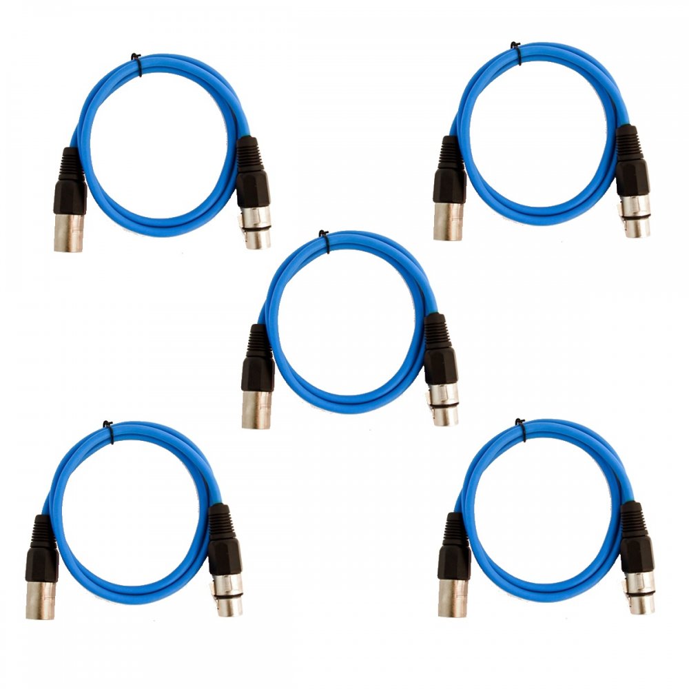 Pack of 5 Blue 3 Pin XLR Line Female Socket to Male Plug Patch Lead 1M
