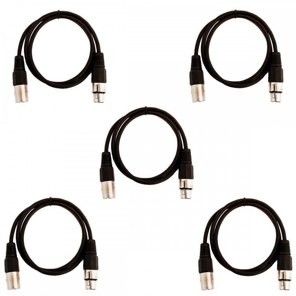 Pack of 5 Black 3 Pin XLR Line Female Socket to Male Plug Patch Lead 1M