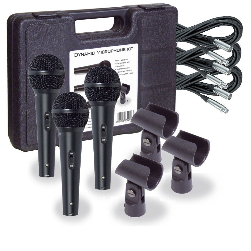 Pro Dynamic Vocal Kit 3 x Microphones, Holders, Leads, Stands & Case