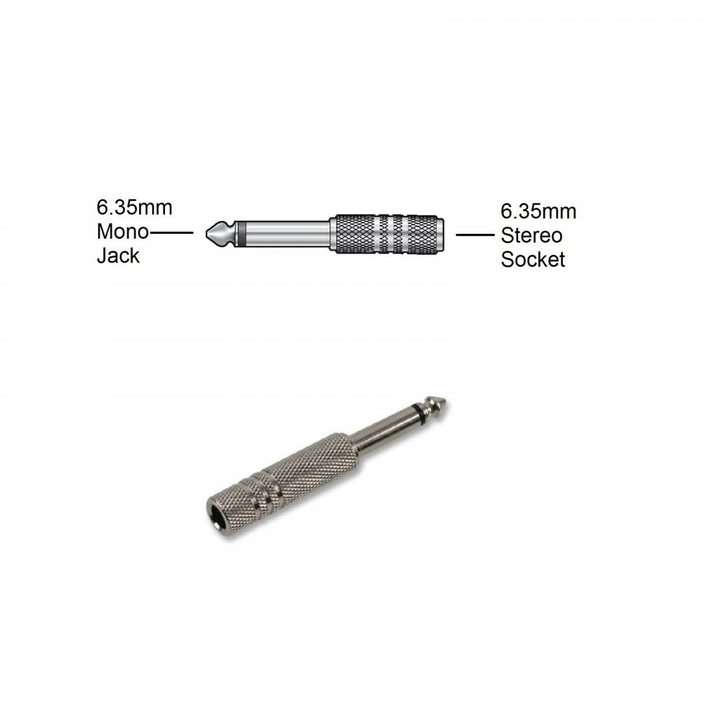 6.35mm Mono Jack to 6.35mm Stereo Socket Adaptor