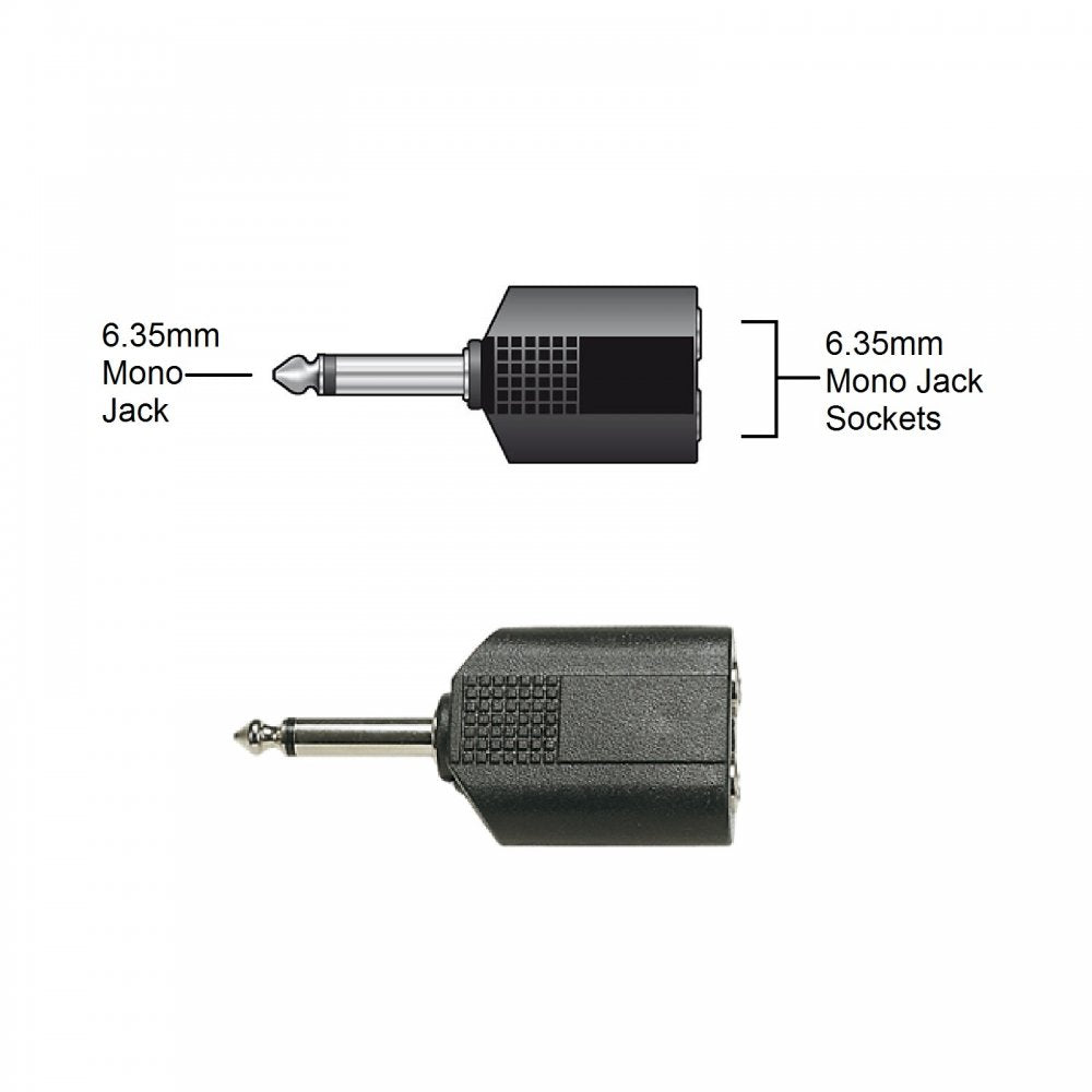 6.35mm Mono Plug to 2 x 6.35mm Mono Sockets Adaptor