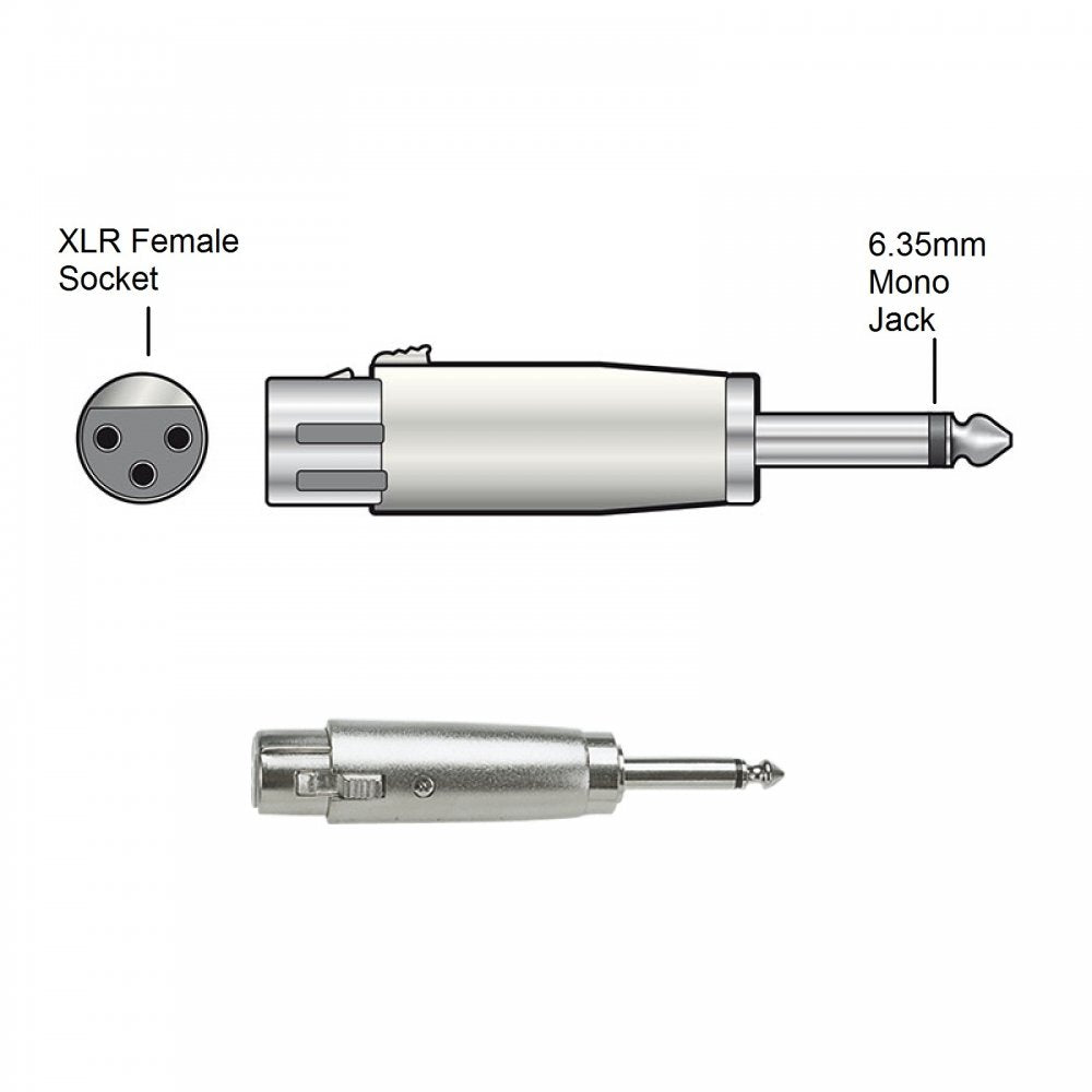 3 Pin XLR Female Socket to 6.35mm Mono Jack Plug Adaptor