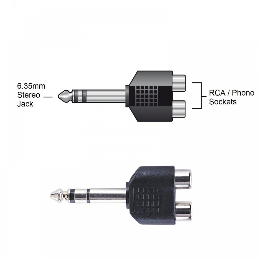 6.35mm Stereo Jack to 2 x RCA Phono Sockets Adaptor Splitter