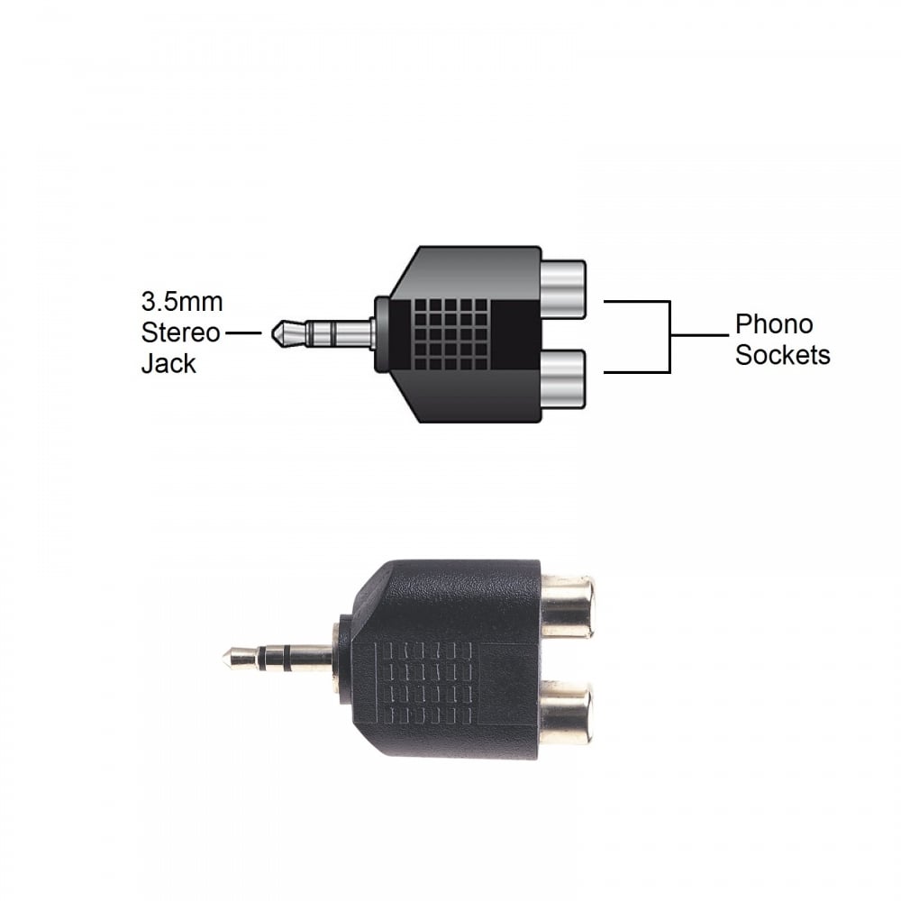 3.5mm Stereo Jack Plug to 2 x RCA Phono Sockets Adapter