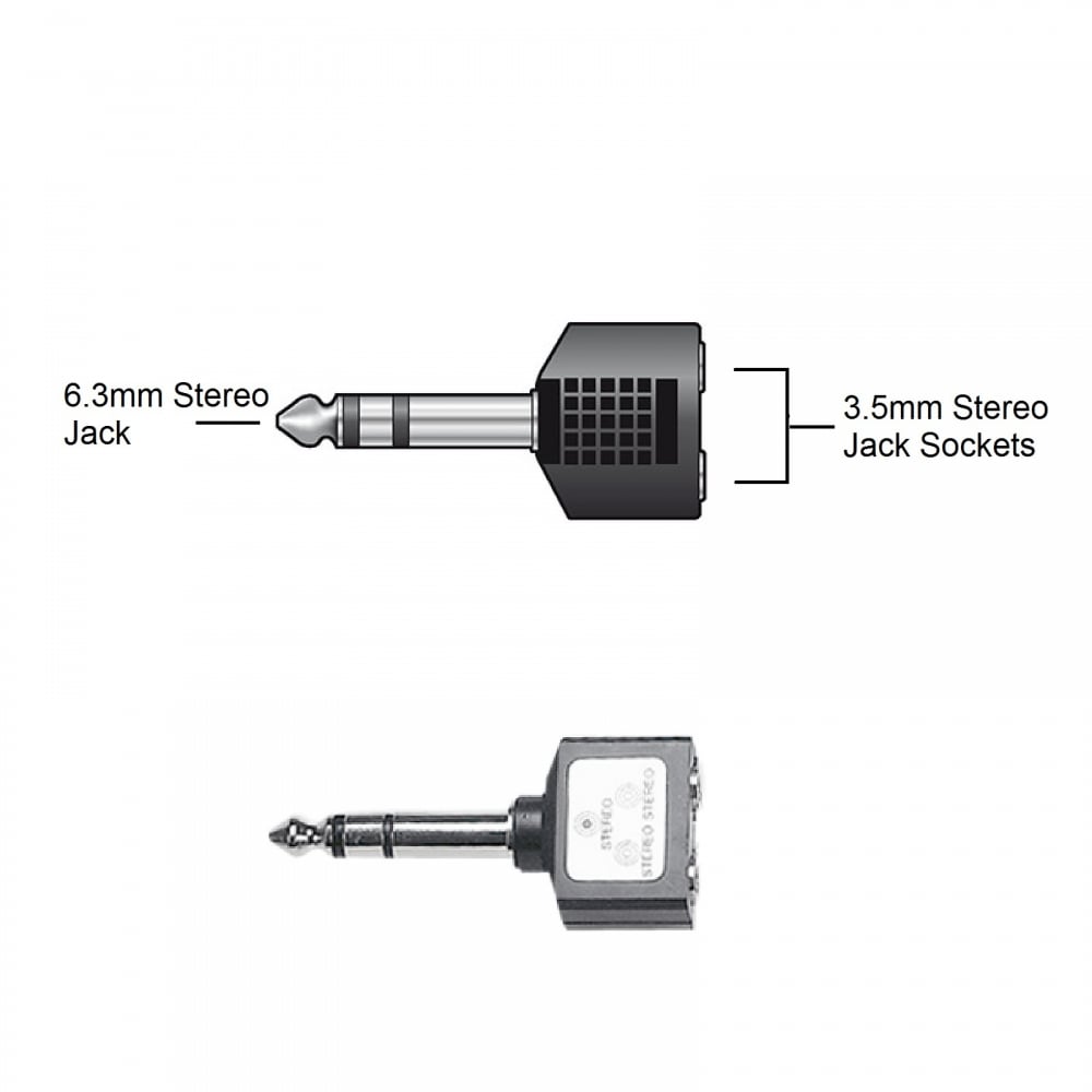 6.35mm Stereo Plug to 2 x 3.5mm Stereo Socket Adaptor
