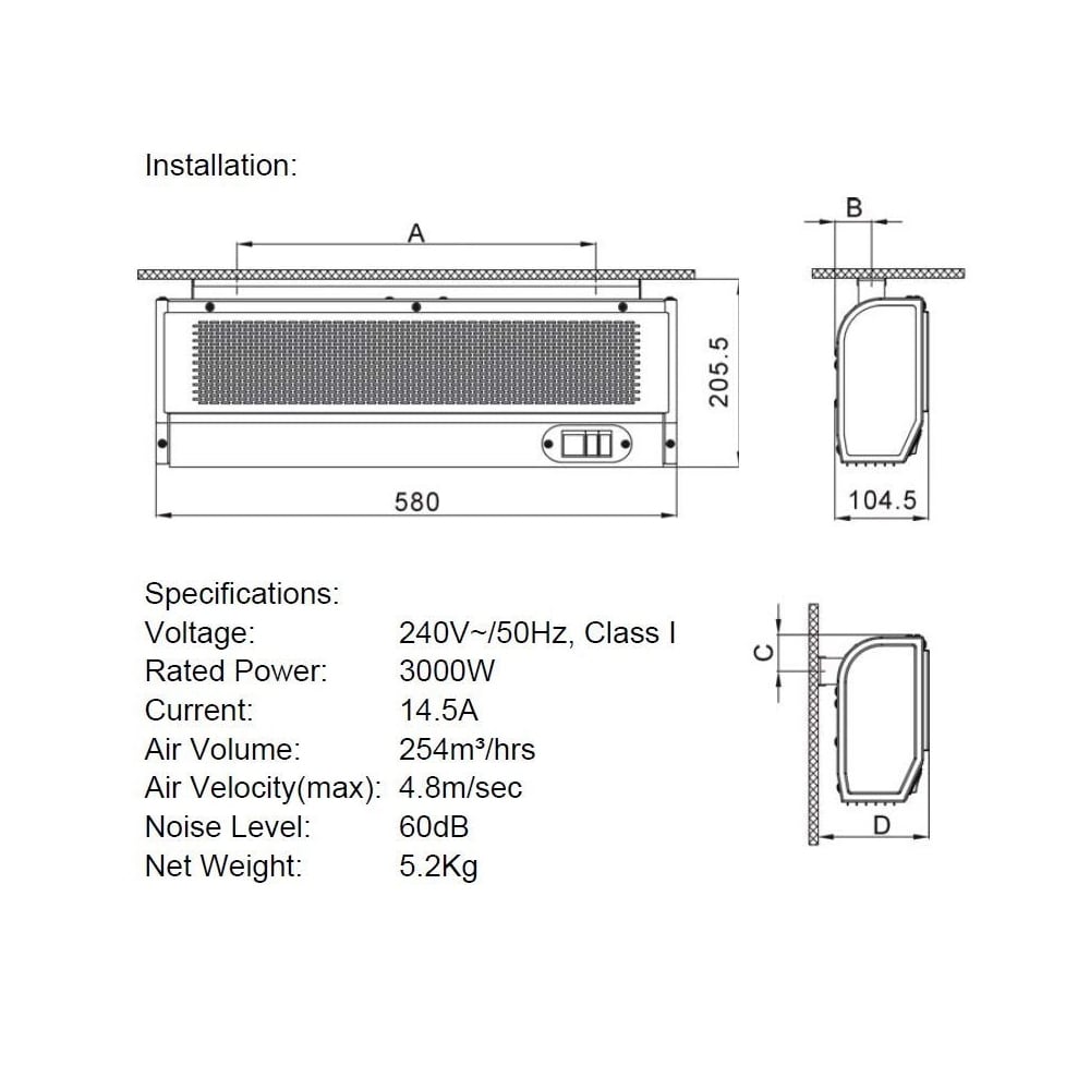 3Kw Entrance Over-Door Screen Air Curtain Heater