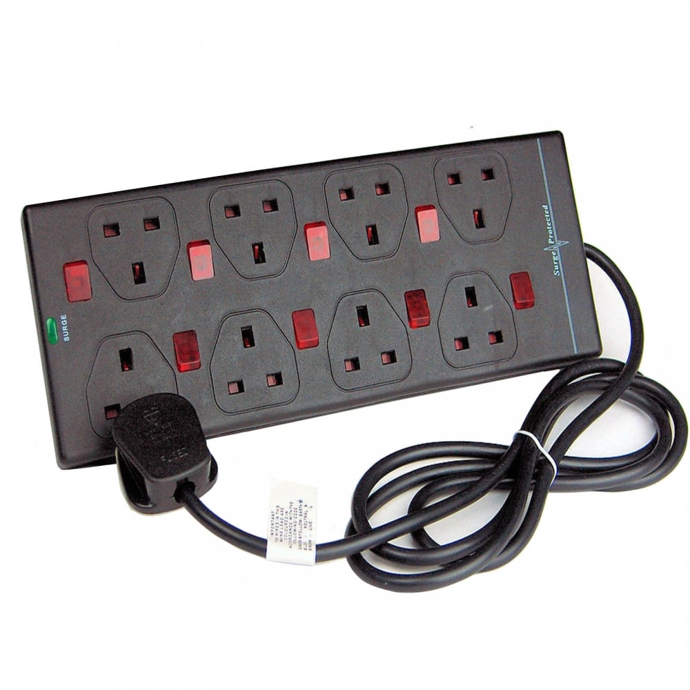 Surge Protected 8 Way Individually Neon Switched Extension Lead 5M Black