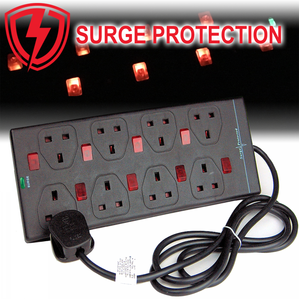 Surge Protected 8 Way Individually Neon Switched Extension Lead 5M Black