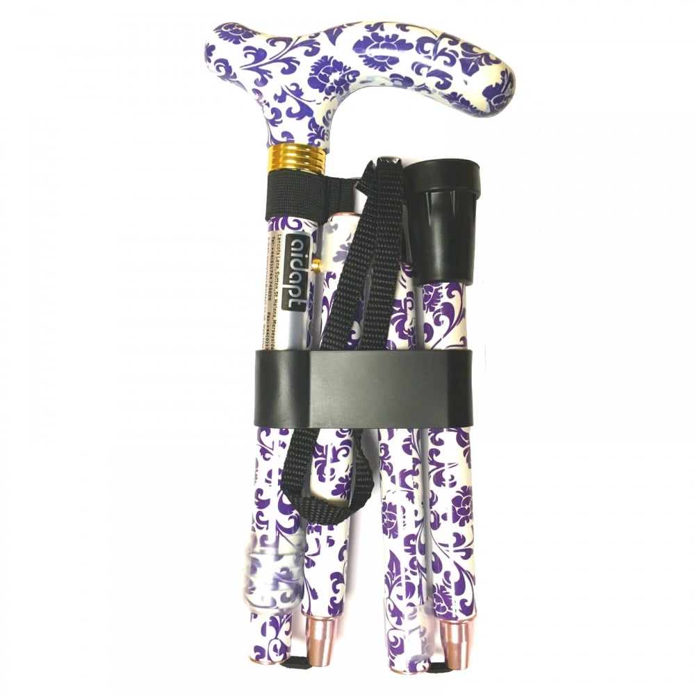 High Quality Folding & Extendable Patterned Walking Stick - Blue White Floral