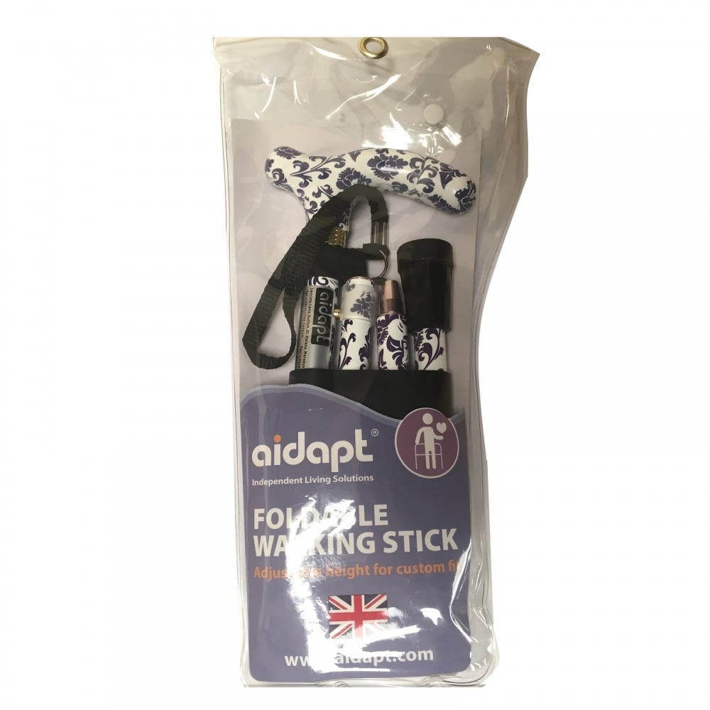 High Quality Folding & Extendable Patterned Walking Stick - Blue White Floral
