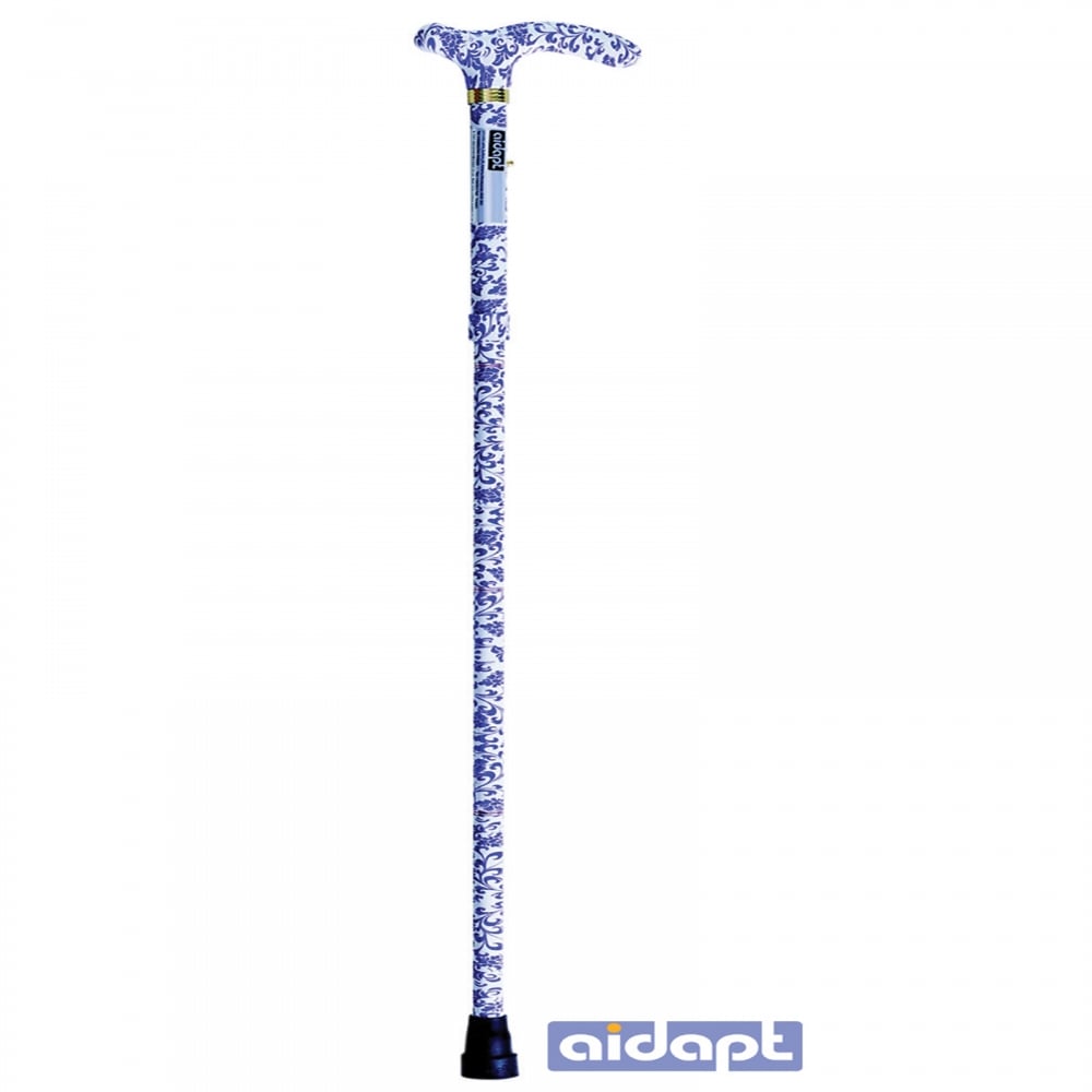 High Quality Folding & Extendable Patterned Walking Stick - Blue White Floral