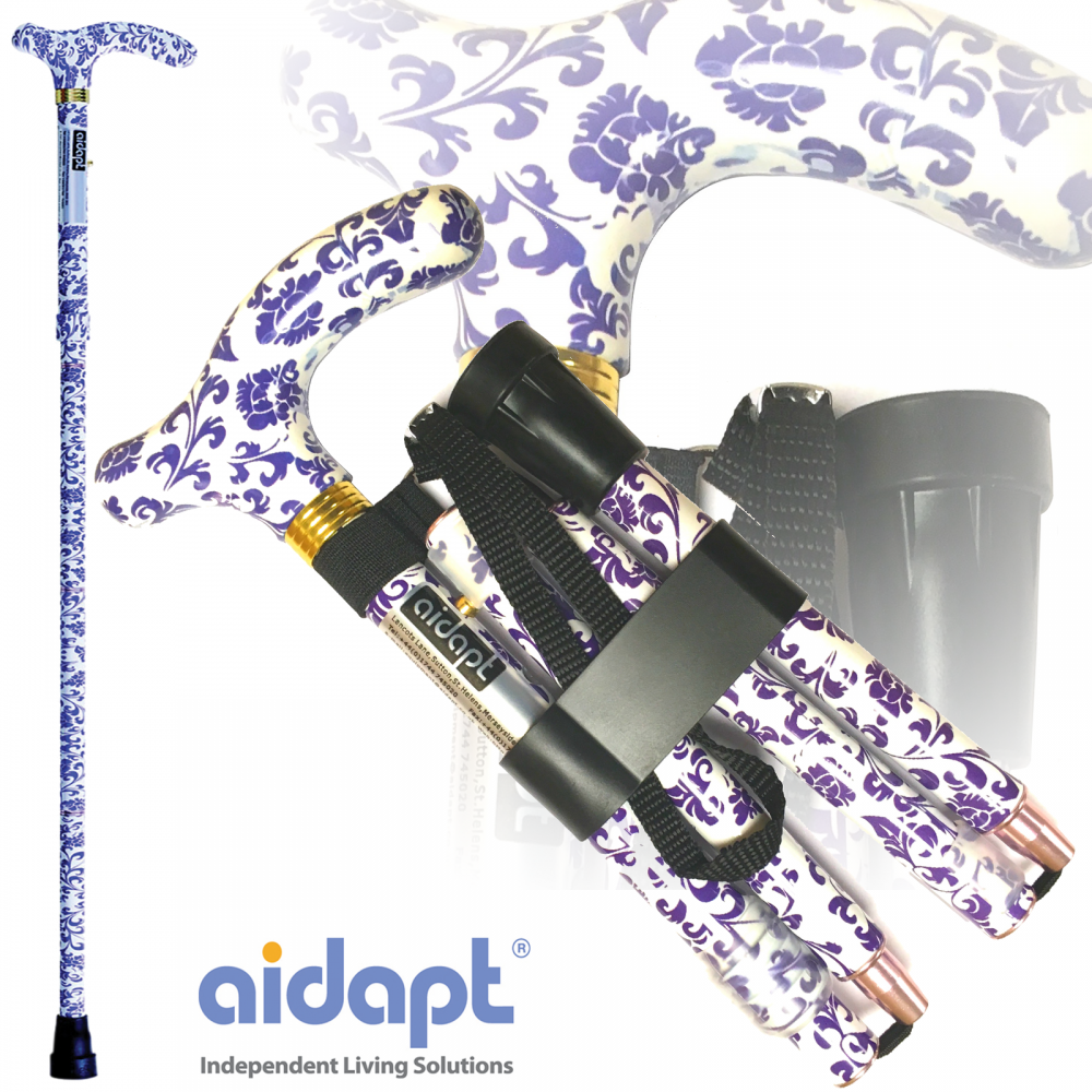 High Quality Folding & Extendable Patterned Walking Stick - Blue White Floral