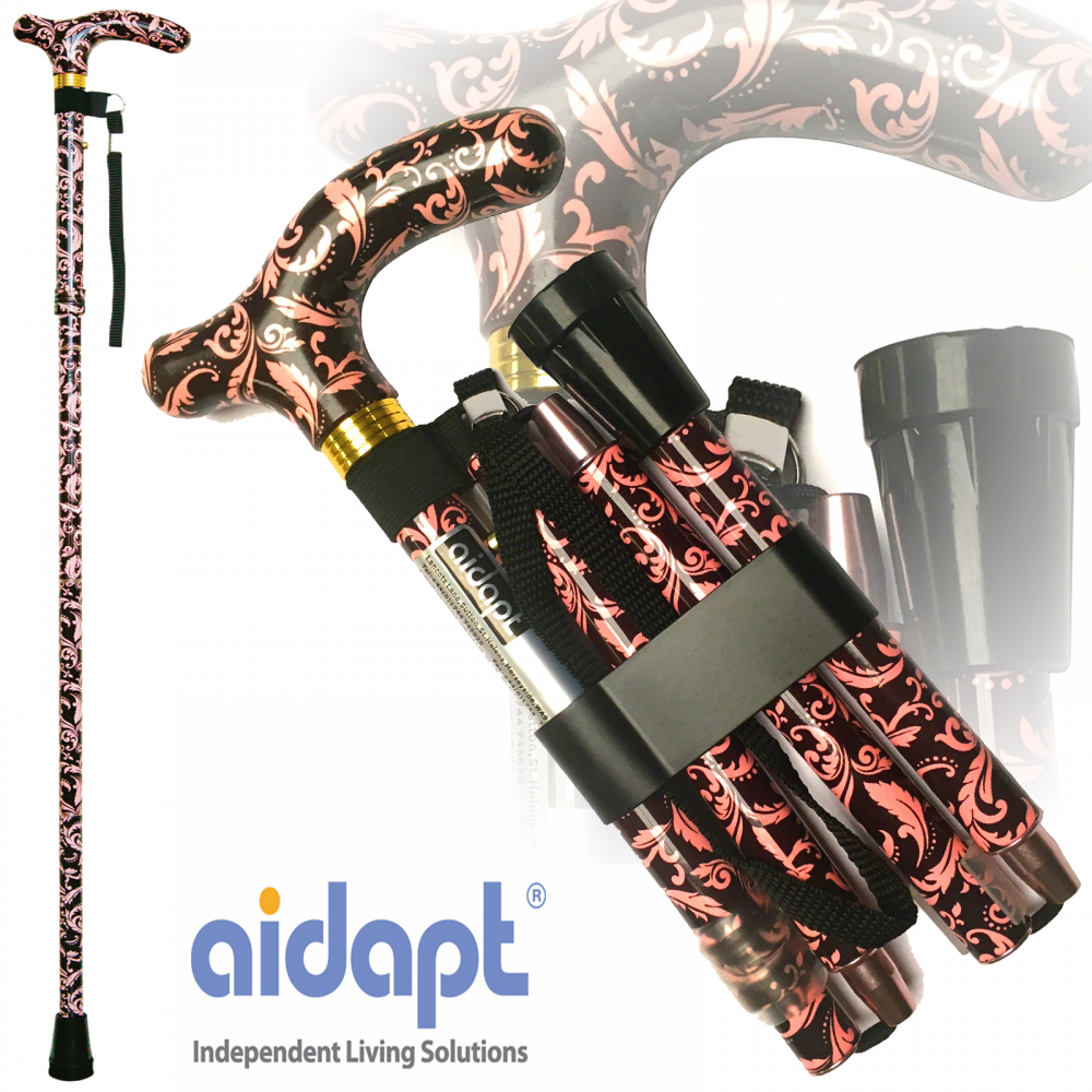 High Quality Folding & Extendable Patterned Walking Stick - Black Pink Femme