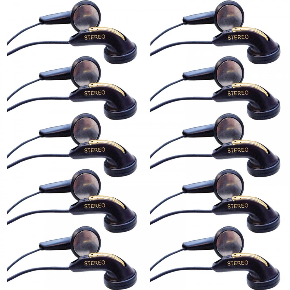 10 x Lightweight DBBS Stereo Black Gold Earphones for Schools Tour Companies