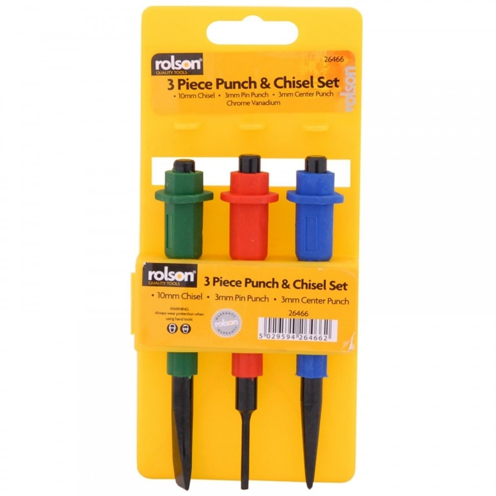 Engineers 3pc CrV Colour Coded Soft Grip Centre Punch Pin & Chisel Set
