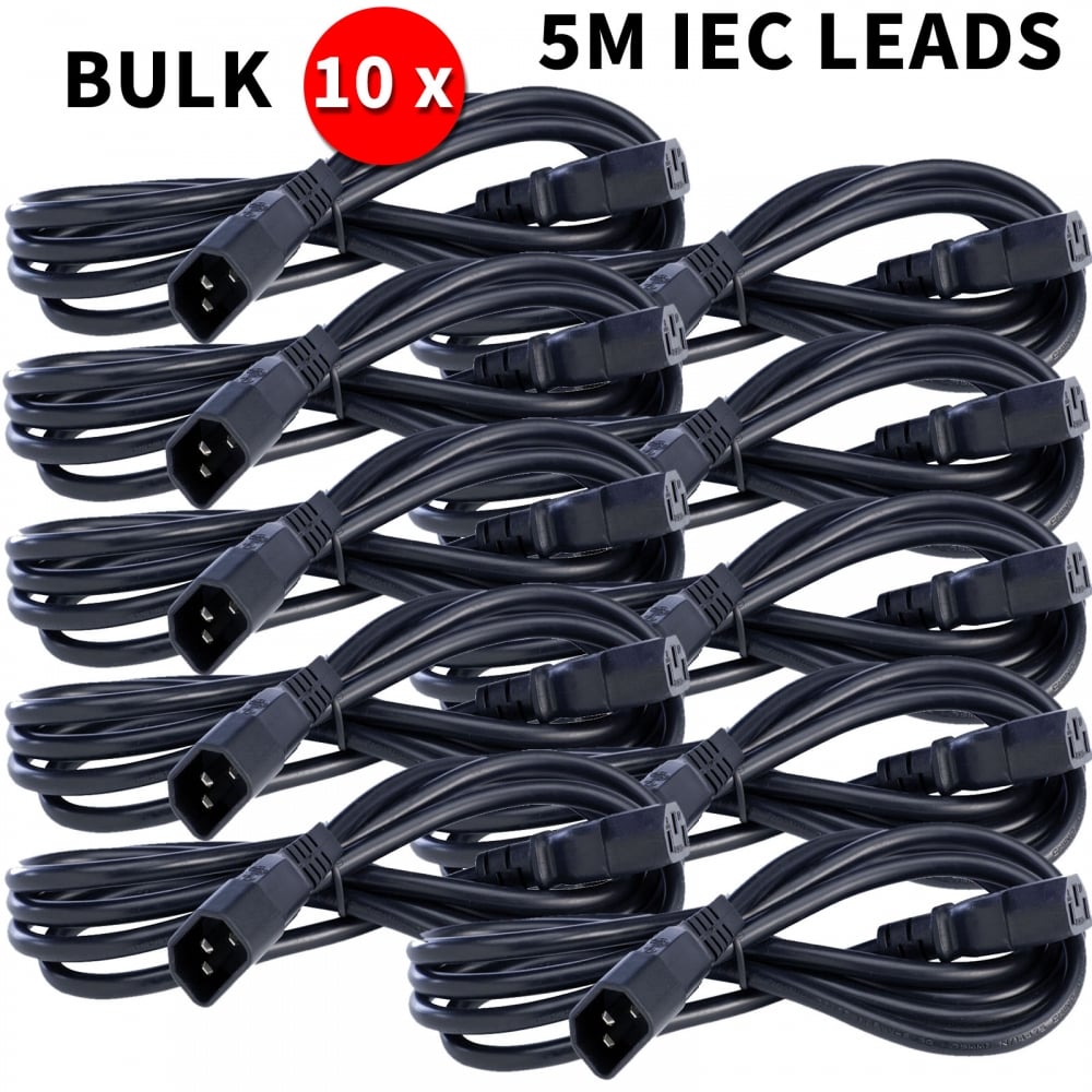 10 x 5m Power Extension Cable IEC Kettle Male Female UPS Lead C13 - C14 Bulk