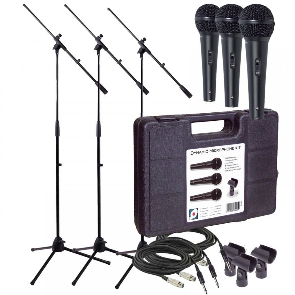 Pro Dynamic Vocal Kit 3 x Microphones Leads & Stands
