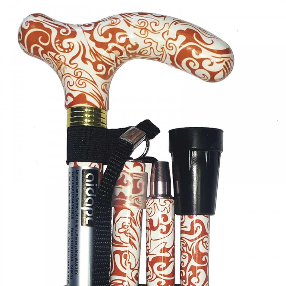 High Quality Folding & Extendable Patterned Walking Stick - Oriental Terracotta