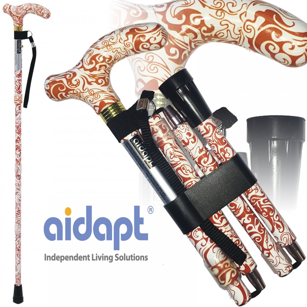 High Quality Folding & Extendable Patterned Walking Stick - Oriental Terracotta