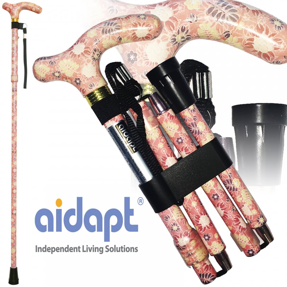 High Quality Folding & Extendable Patterned Walking Stick - Pastel Floral Printemps