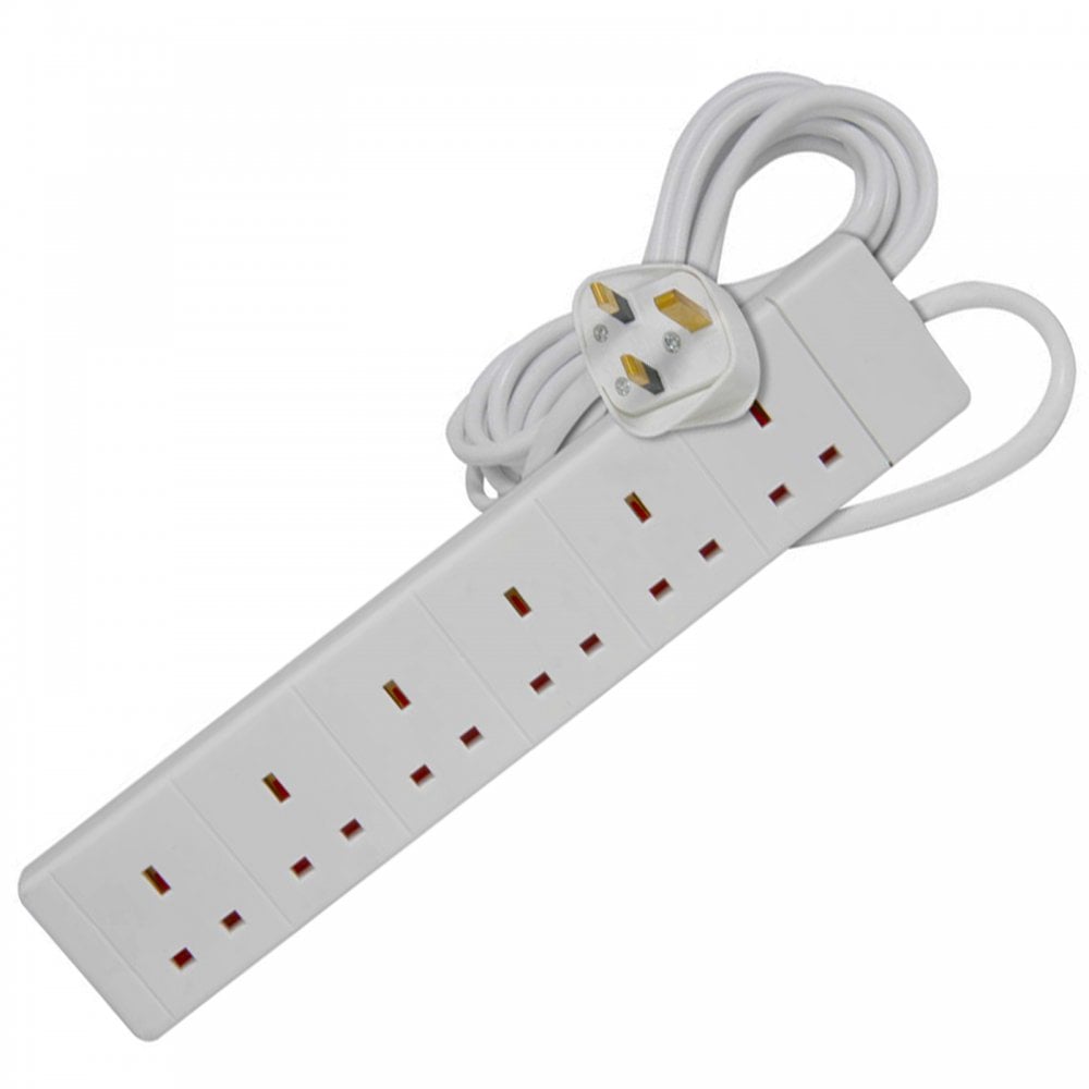 6 Gang Extension Leads in 1M, 2M, 3M, 5M & 10M In White