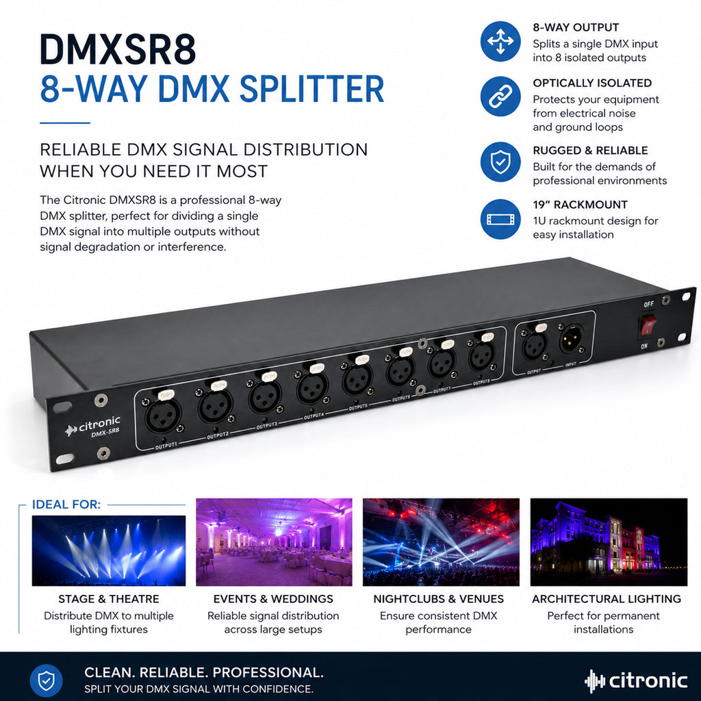8 Way DMX Lighting Signal Splitter DMX-SR8 Rack Mountable