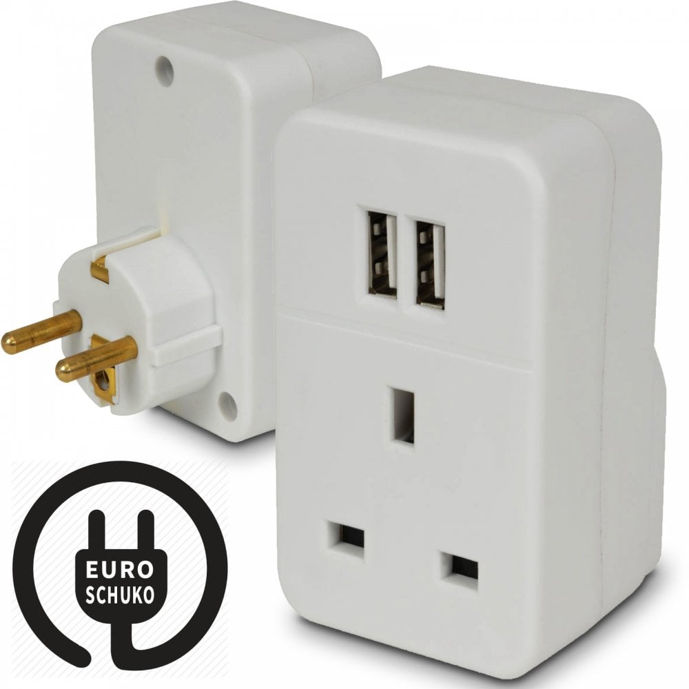 2400mA 10A Fast Dual Port USB Charger UK Mains to Euro Plug Adapter