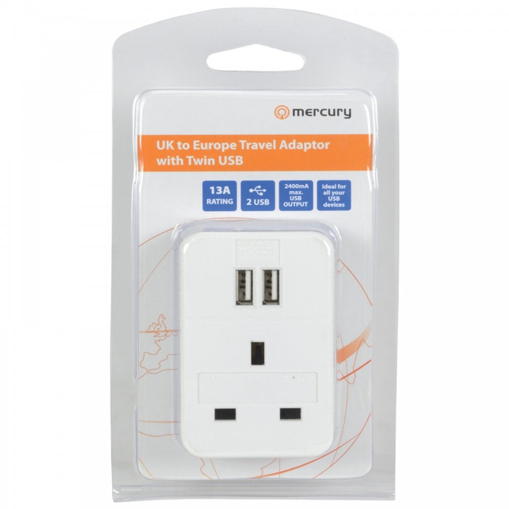 2400mA 10A Fast Dual Port USB Charger UK Mains to Euro Plug Adapter