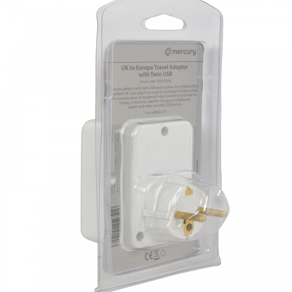 2400mA 10A Fast Dual Port USB Charger UK Mains to Euro Plug Adapter