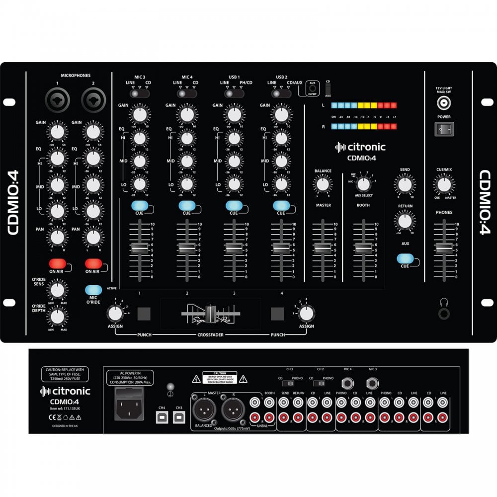 4 Channel USB 17 Input 19" Rack DJ Mixer 4 Mic Channels