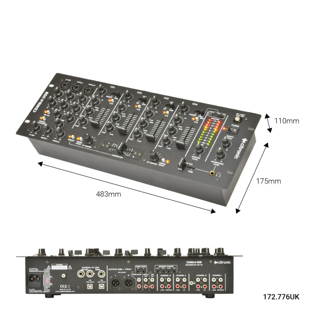 4 Channel USB 14 Input 19" Rack DJ Mixer 3 Mic Channels