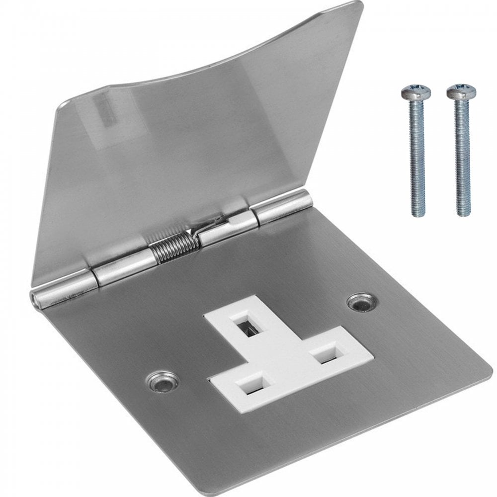 UK Mains Floor Socket 1 Gang 13A Stain Chrome Hinged Cover