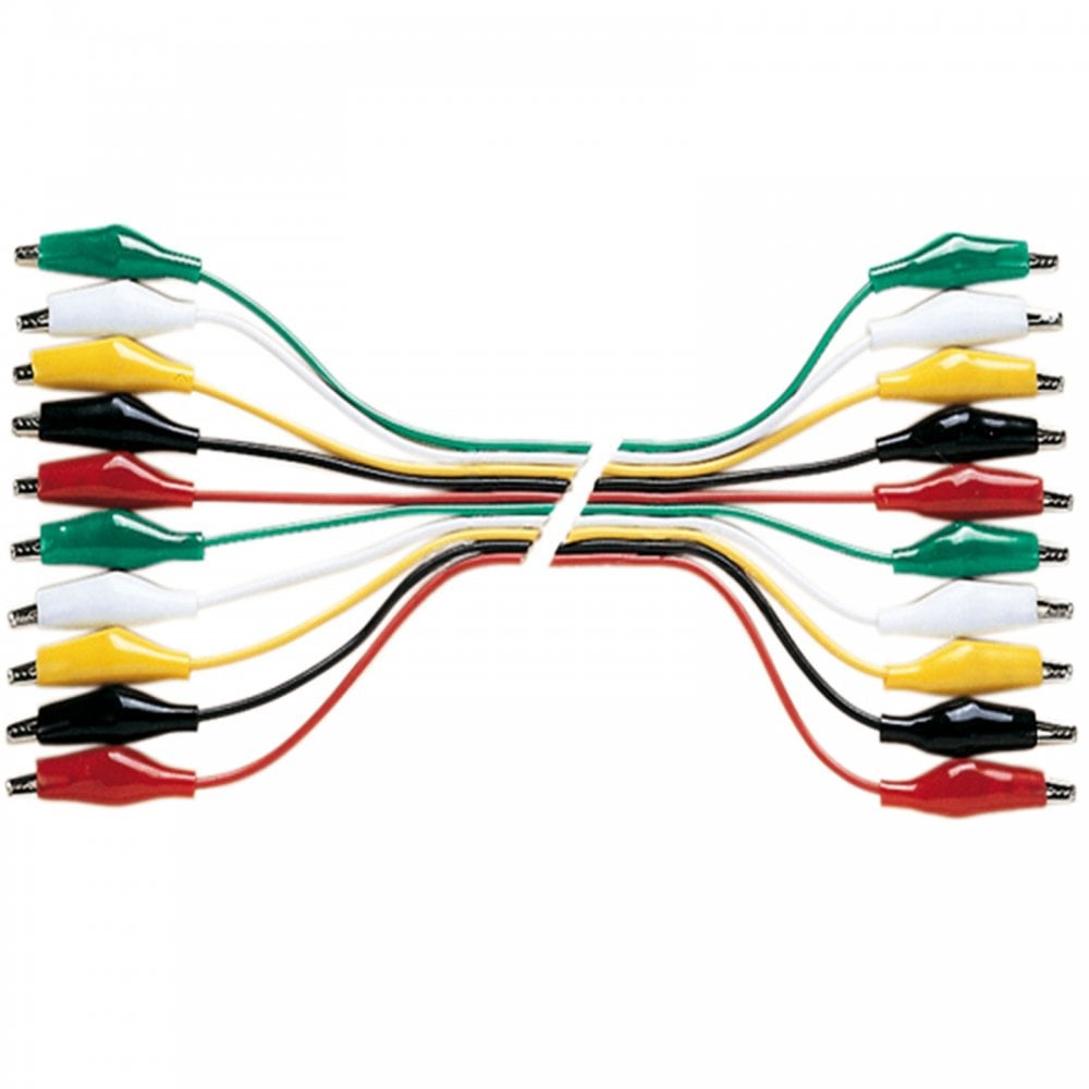 Set of 10 Test Leads Coloured with 25mm Crocodile Clips