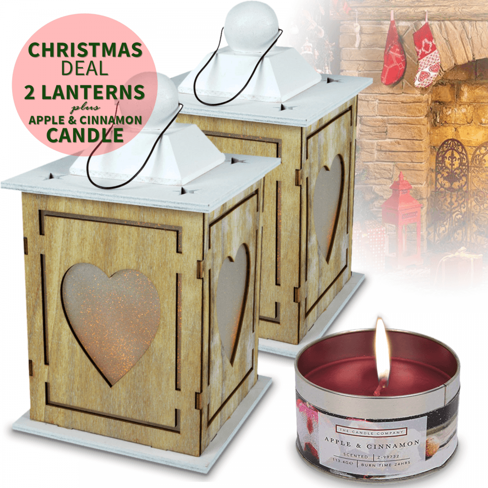 2 x Wooden Lantern Shabby Chic decor Heart Light