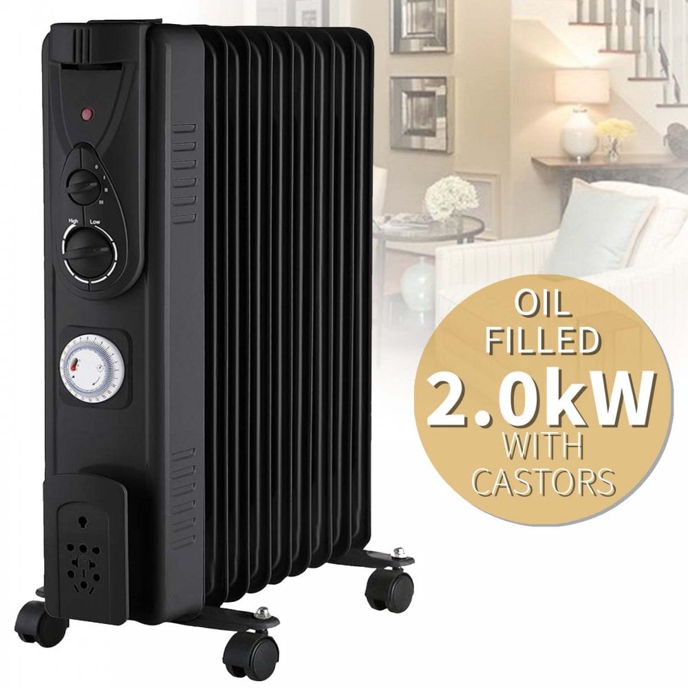 9 Fin Oil Filled Radiator 2kW with Timer Black