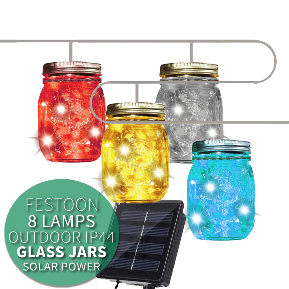8 Glass Jar Multi Coloured LED Festoon String Lights
