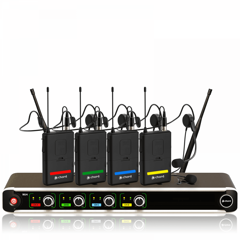 NU4 Quad Wireless Microphone System UHF Headset Lapel