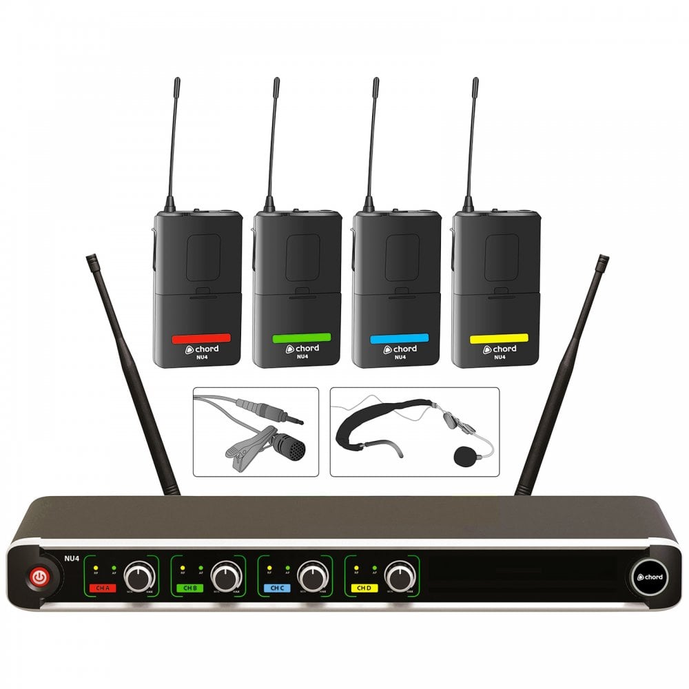 NU4 Quad Wireless Microphone System UHF Headset Lapel