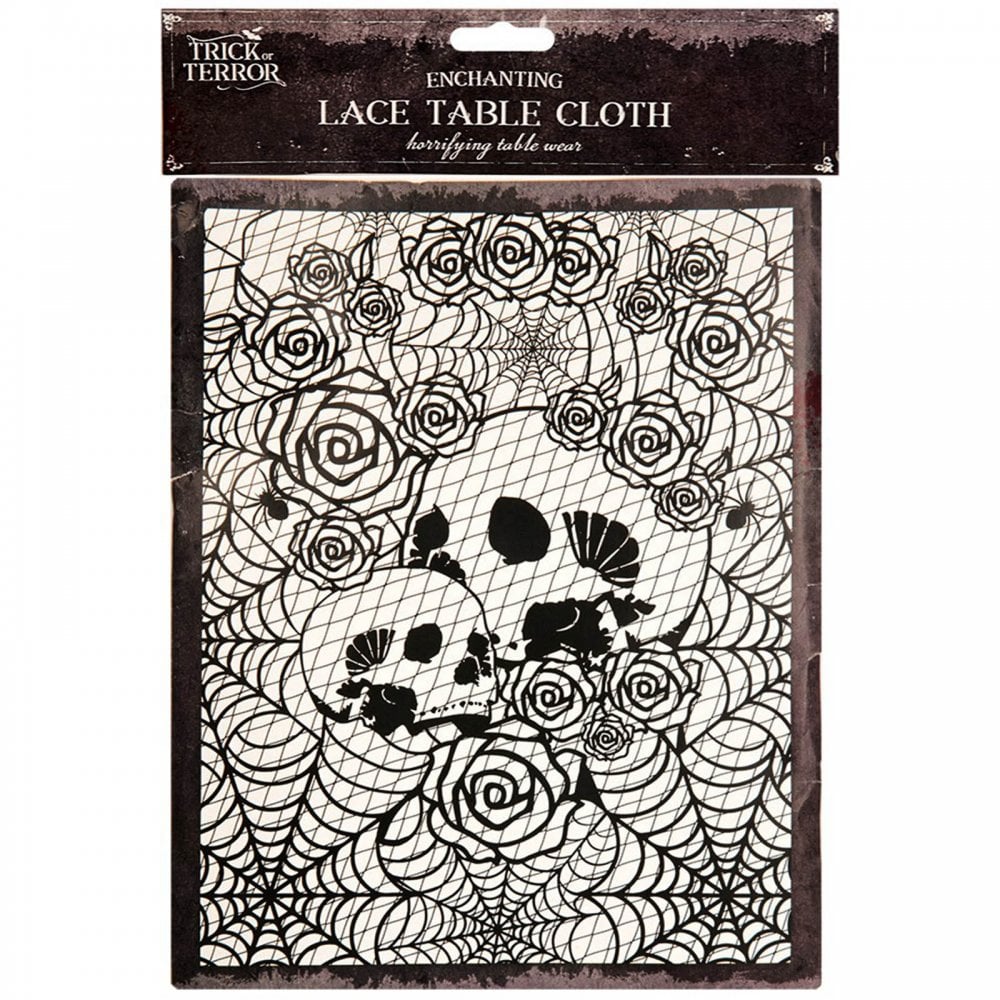 Halloween Black Lace Tablecloth Skulls and Roses