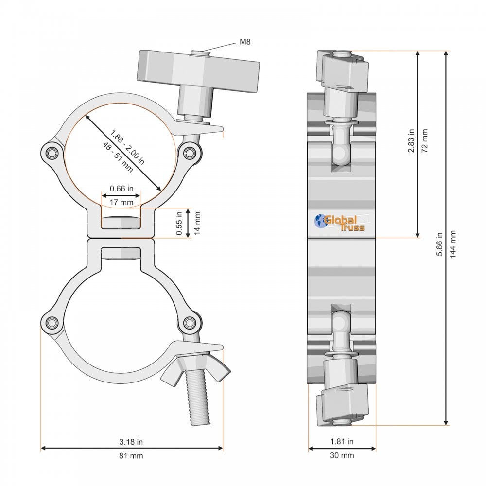 Global Truss Narrow Swivel Coupler 50mm Truss Clamp 100kg Load
