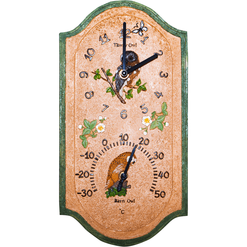 Garden Outdoor Owl Design Clock and Thermometer
